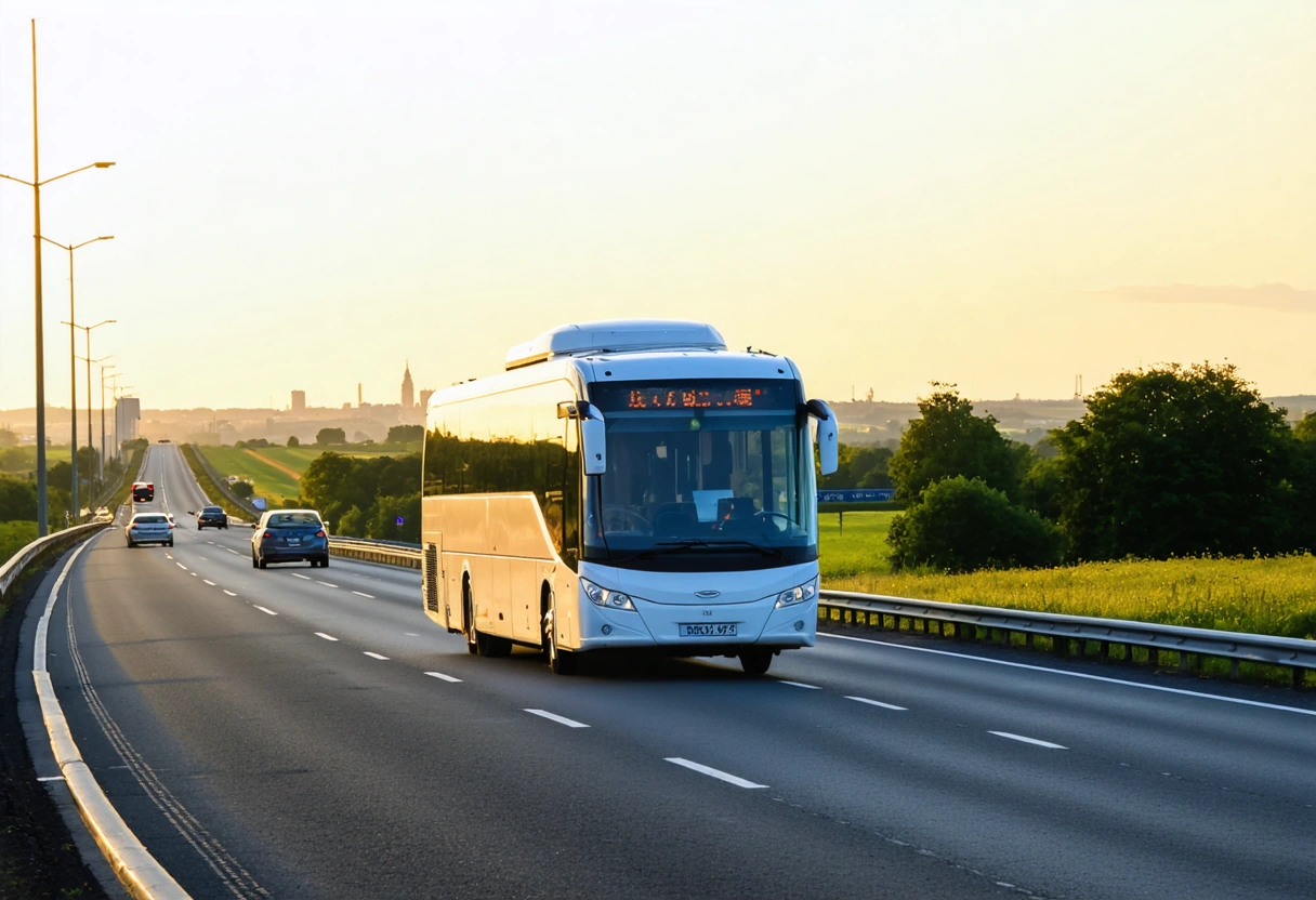 Airport Bus Express coach on a UK motorway at golden hour