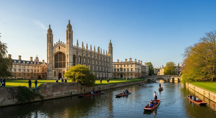Cambridge university architecture with dreaming spires and River Cam punting