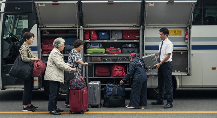 Coach bus luggage compartment showing ample storage space for suitcases and bags
