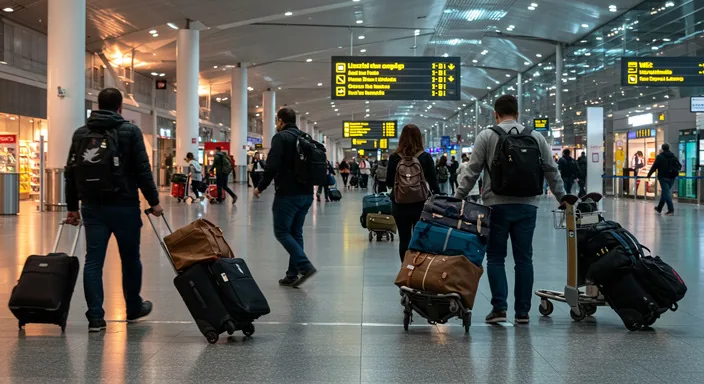 Travellers with luggage transferring between airports for connecting flights