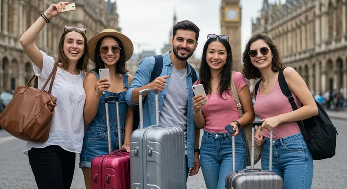Group of friends or family with various sized luggage bags happily boarding or waiting for airport bus, showing group travel benefits