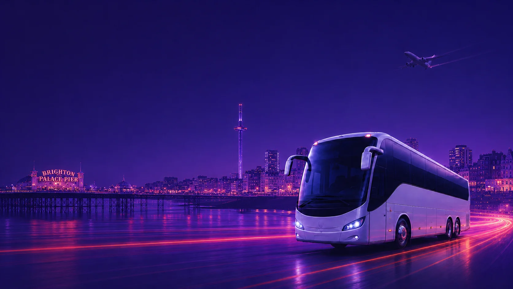 Airport Bus Express coach on a Brighton road at dusk with the city skyline and a departing plane