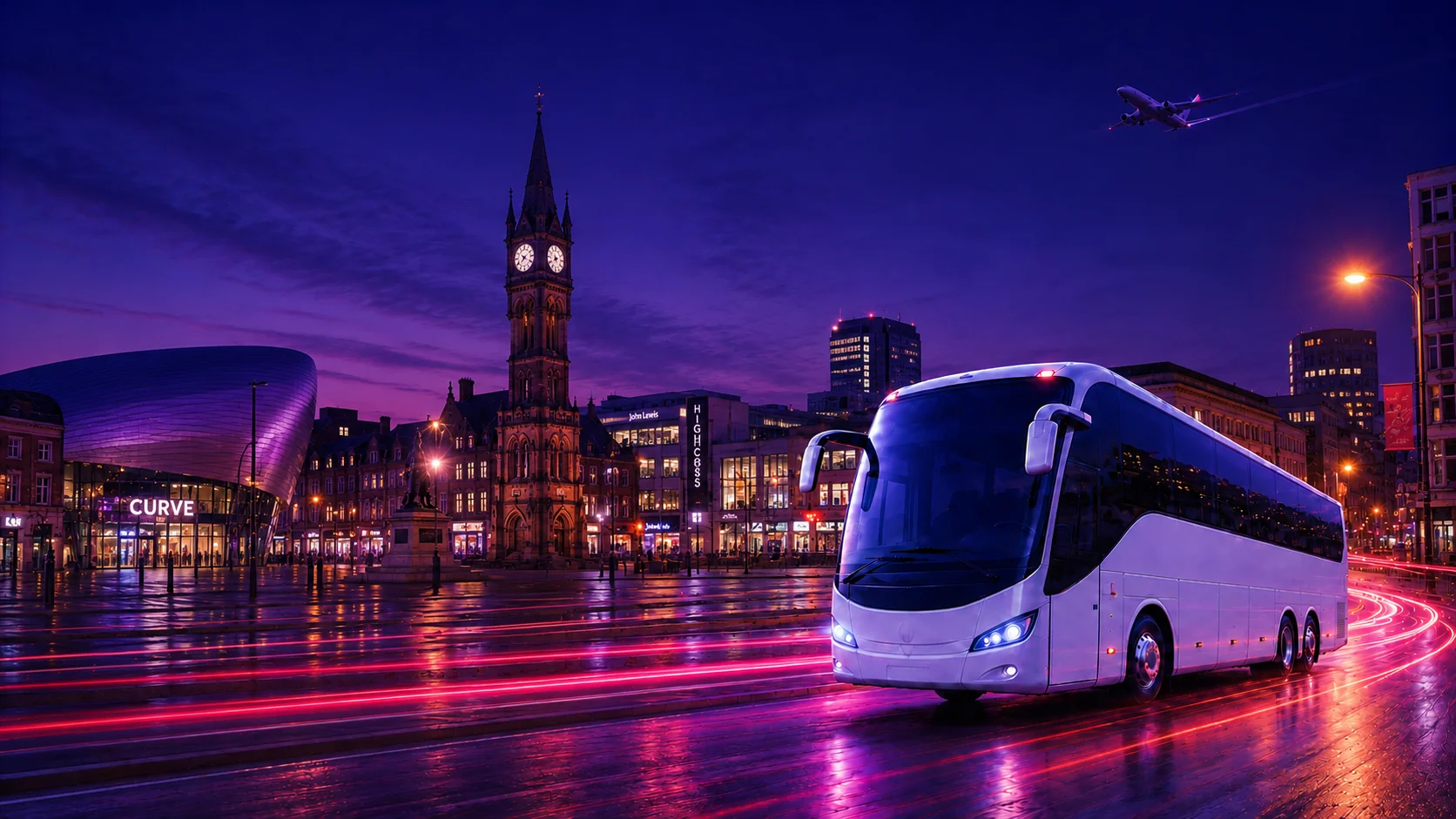 Airport Bus Express coach on a Leicester road at dusk with the city skyline and a departing plane