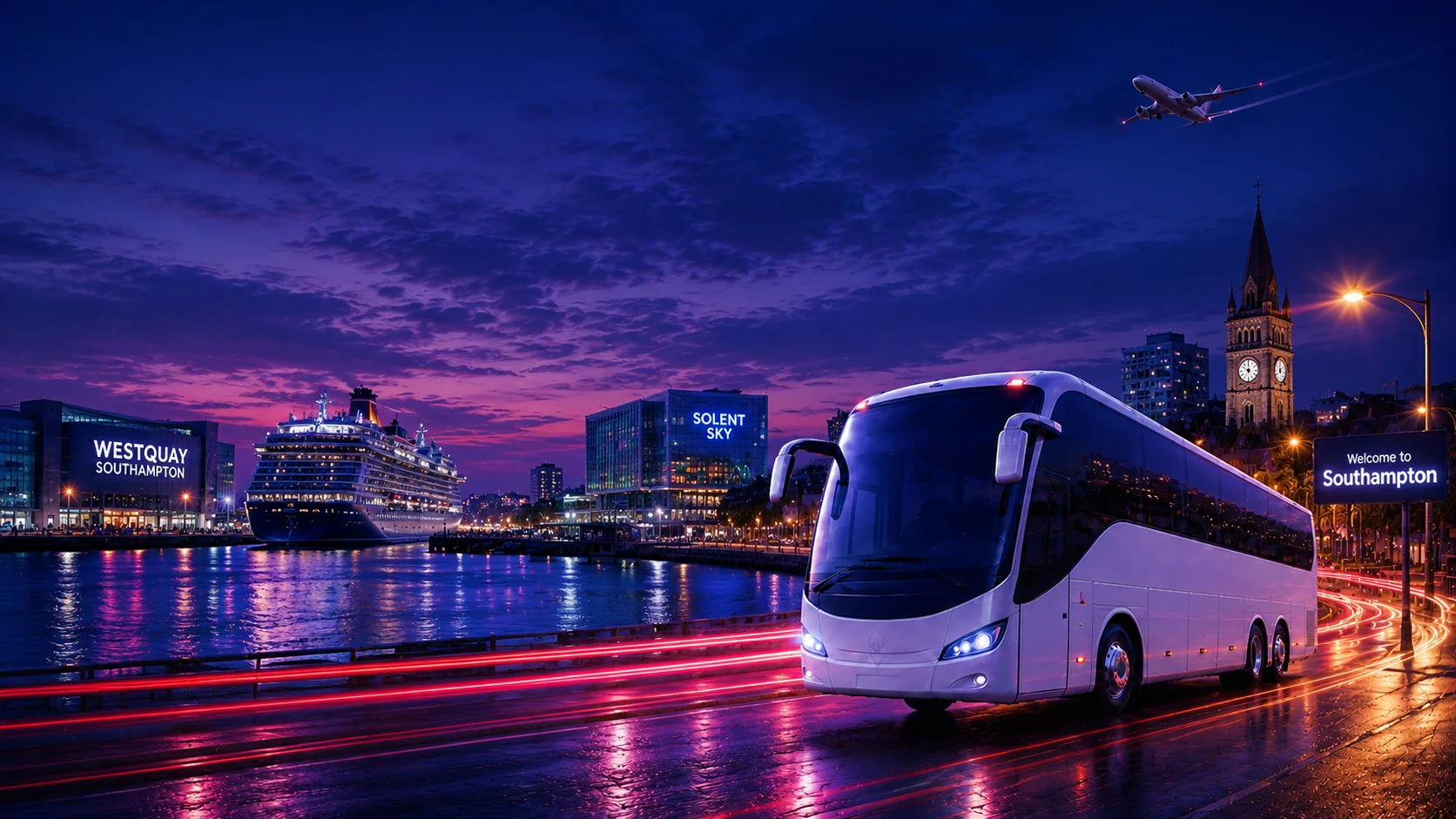 Airport Bus Express coach on a Southampton road at dusk with the city skyline and a departing plane