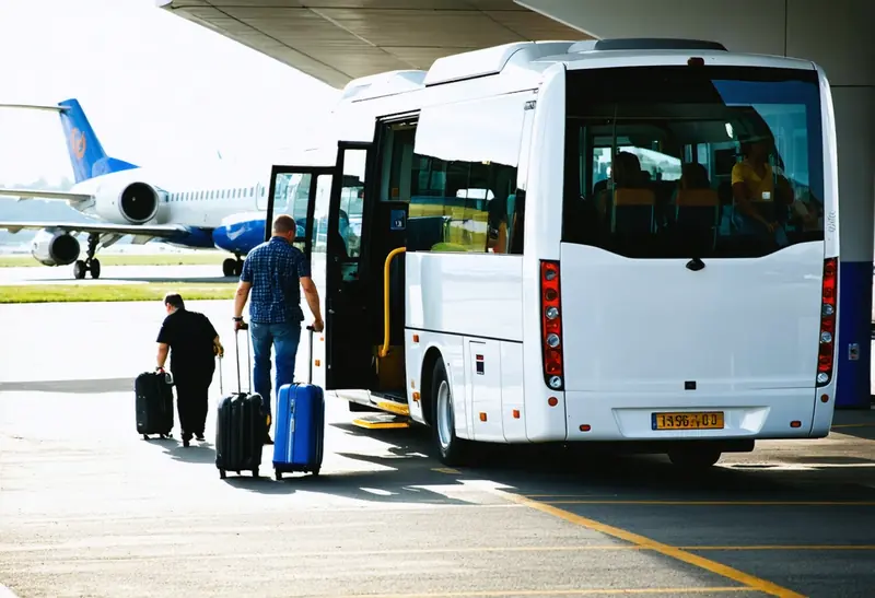 Passengers boarding an affordable airport transfer coach at the terminal
