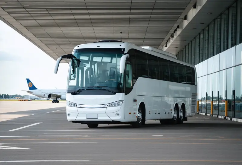 Clean modern airport transfer coach parked at the terminal