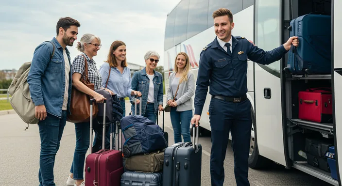 Travellers with luggage boarding a coach showing the generous baggage allowance