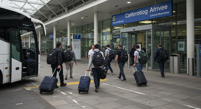 Multiple coaches at airport showing frequent departure times and high service frequency