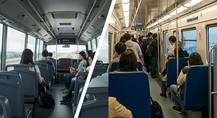 Split screen showing expensive taxi vs affordable bus transfer between airports