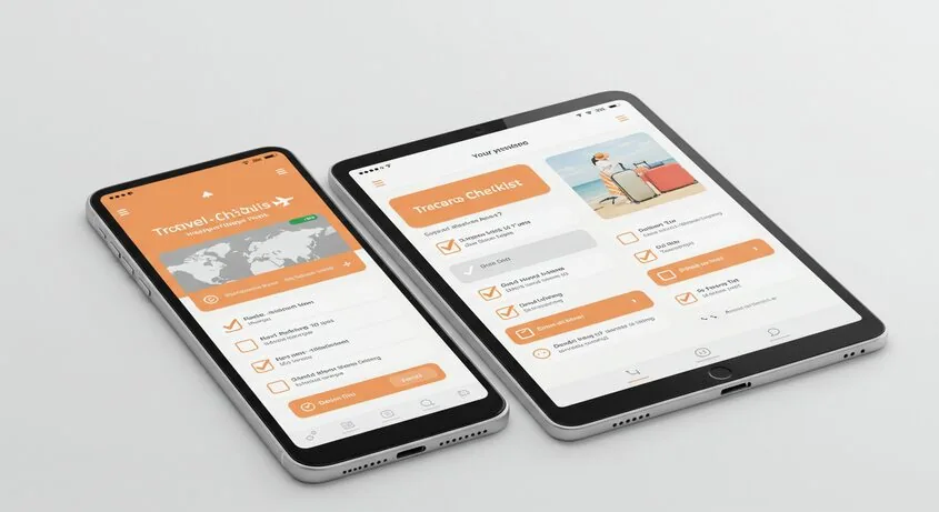 Travel checklist guide on phone and tablet showing airport travel tips